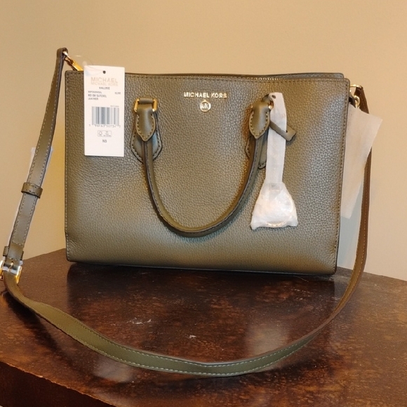 Michael Kors Valerie Medium Pebbled Leather  Satchel - Olive Green - Picture 1 of 8